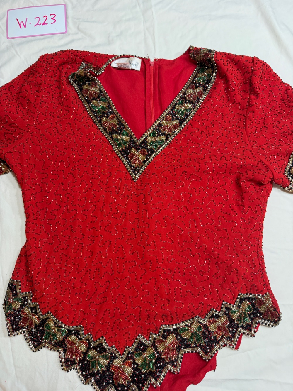 VintageRed Beaded V-Neck Women's Top with Embellished Hem
